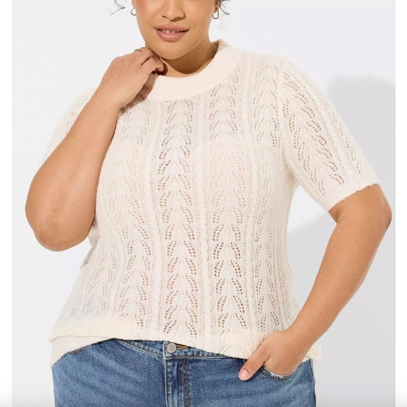 Torrid - Pointelle Crew Neck Pullover Cream Short Sleeve Sweater Top - 2X - Picture 1 of 10